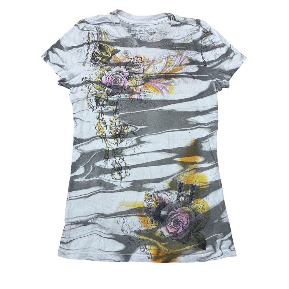 Hierarchy Couture Womens Y2K Graphic T-Shirt Gray White Roses Rhinestone Medium
